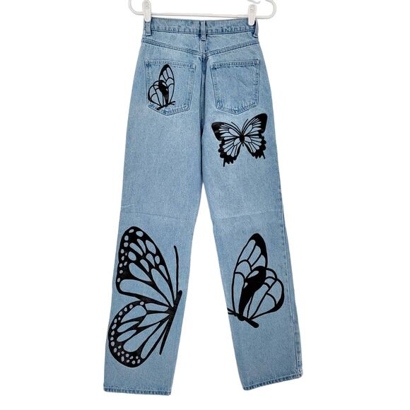 Simple Society Butterfly Wide Leg Med Blue Denim 5-Pocket Jeans Women Size 25 - Picture 2 of 5